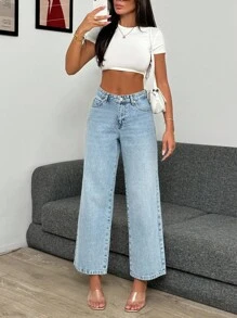 EURMUSE 高腰淺色洗水直筒短褲 - 淺色水洗藍 - 查看 4