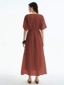 Aalyst 女式优雅轻盈奢华休闲度假通勤舒适纯色天丝半透明面料交叉领口落肩袖松紧腰带侧袋长裙，春夏 - 鏽棕色 - 查看 2