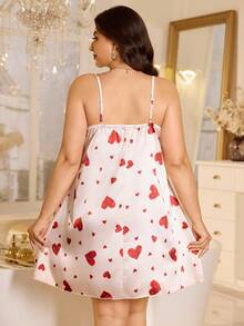 LuxeNights Plus Size Faux Silk Heart Print Camisole Nightgown Heart Print Dress - Baby Pink - View 3