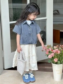 DAZY Young Girl Casual Washed Denim Short Sleeve Jacket - Blue - View 3