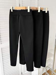 SHEIN Tween-Mädchen 3-teiliges Set Basic Lässig Thermo-gefütterte Skinny Leggings mit hoher Taille, Schwarz, Herbst/Winter