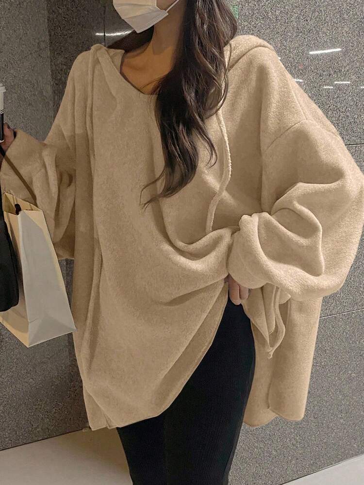 Women's Solid Color Loose Fit Hooded Streetwear Sweatshirt,Fall Clothes