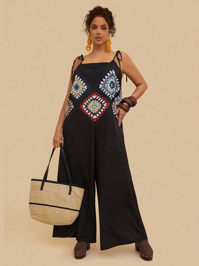 SHEIN VCAY 大码女式黑色钩针印花连体裤、系带连体裤、带口袋长款连体裤