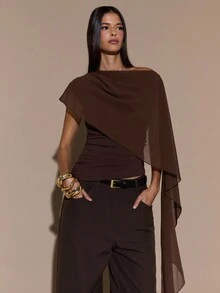 SHEIN BAE Women's Asymmetric Shoulder Ruched Neck Tie Blouse, Elegant Knit Top, Autumn/Winter,Blusas Femininas Elegante