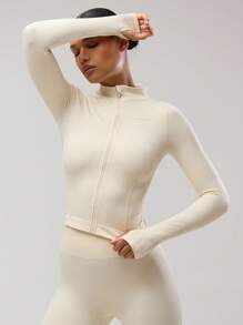 Musera Sport 塑形长袖拉链 Musera 运动夹克拇指孔健身服无缝修身束腰弹力 Padel 普拉提健身沙漠跑步者健身 - 奶油白 - 查看 1