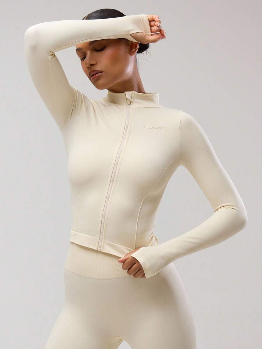 Musera Sport 塑形长袖拉链 Musera 运动夹克拇指孔健身服无缝修身束腰弹力 Padel 普拉提健身沙漠跑步者健身 - 奶油白 - 查看 1