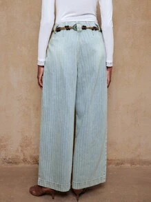 SHEIN Privé VITNOS 秋冬聚会宴会低调奢华闪耀假日派对狂欢节郊游度假热门户外层次丰富的婚礼季宴会女士度假休闲高腰阔腿裤 - 淺藍色 - 查看 2