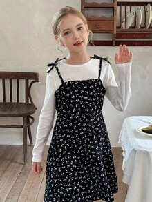 LMoss Kids 2 pièces Ensemble T-shirt col rond en tricot de couleur unie et robe nuisette en tricot à fleurs pour préadolescentes - Multicolore - Voir 4