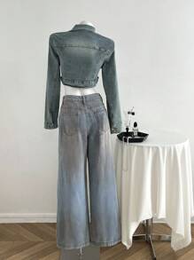 Elamini Women's Casual Straight Leg Wide Leg Button Distressed Everyday Jeans - Blue - View 2