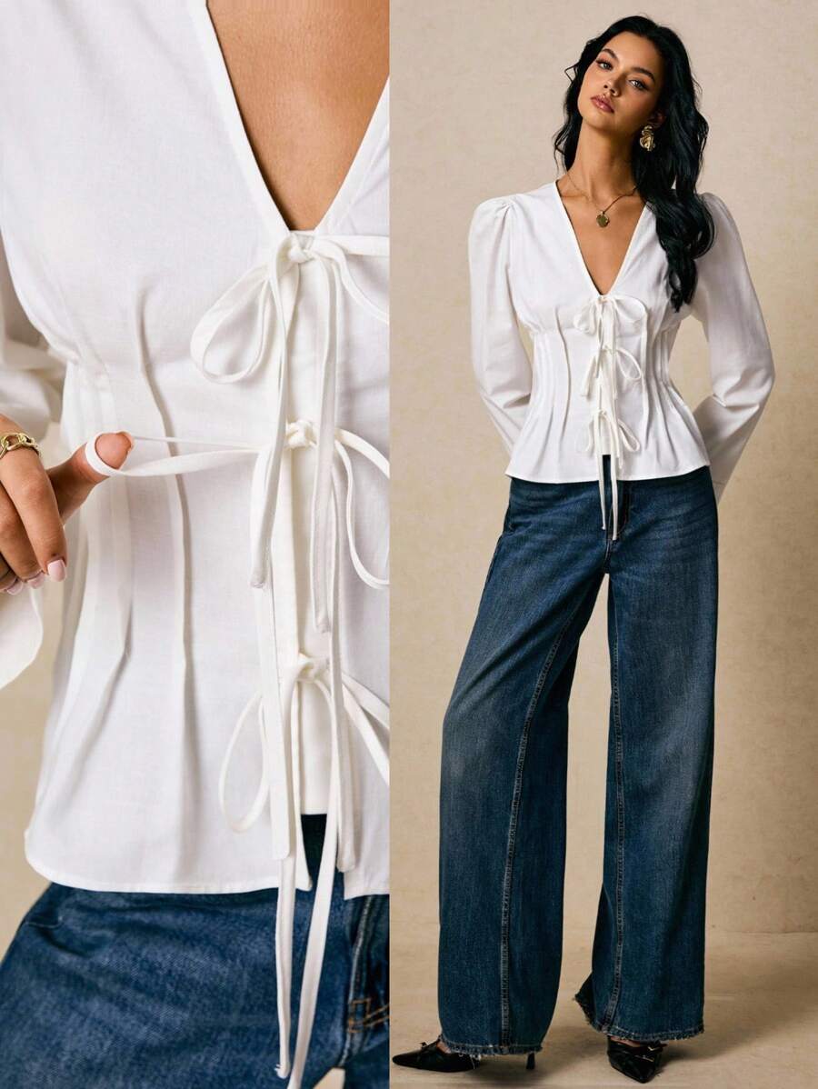 Poéselle 女士系带束腰衬衫 白色长袖衬衫 女士上衣 女士纯色V领系带泡泡袖束腰衬衫 秋季上衣 冬季上衣 秋季外出上衣 Y2K - 白色 - 查看 1