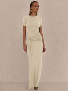 MUSERA 垂褶前襟褶皱长裙，春假粉彩夏季毕业典礼、舞会、优雅伊比沙岛婚礼宾客假日海滩之夜婚礼宾客，优雅约会之夜圣诞节，秋季冬季