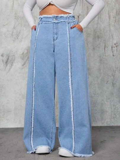 Slaydiva 大码女式宽松休闲牛仔裤，带口袋和流苏腰部