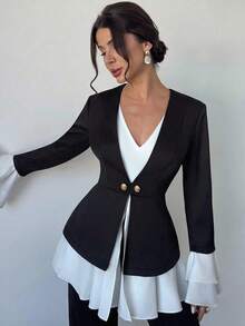 Firerie Damen eleganter, minimalistischer, anspruchsvoller Pendler-Blazer mit Metallschnalle in Taille-A-Linie, Schwarz-Weiß-Kontrast, figurbetont, Herbst/Winter - Schwarz und Weiss - Übersicht 7