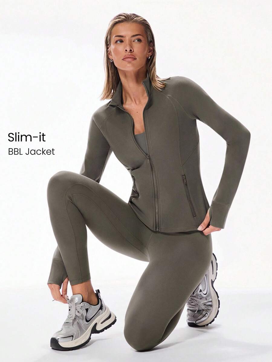 GLOWMODE FeatherFit™ Slim-It Streamline Performance Secure Pockets Zip Up Long Sleeve Jacket Low Impact Yoga Daily  Spring Summer - Brown - View 1