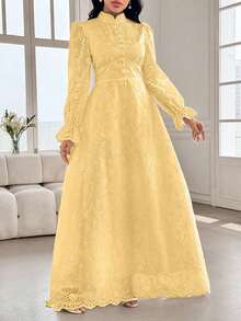 Modelyn 孔眼刺绣荷叶边袖长连衣裙 - 黃色 - 查看 6