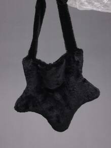 ROMWE Grunge Punk 万圣节红心眼水钻、星星、月亮、十字架、剑创意设计 Y2K 朋克风格女士黑星毛绒斜挎包