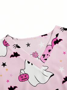 PopScrub Women's Pink Summer Maid Work V-Neck Short Sleeve Double Pocket Cute Ghost,Pumpkin,Spider Print Nurse Doctor Health Check Pet Grooming Uniform Top - Pink - View 3
