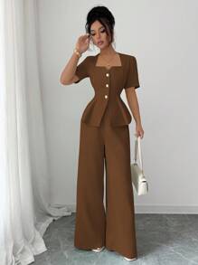 Elenzga 新款时尚法式女装春夏修身设计感 A 字型方领衬衫 + 阔腿直筒裤 2 件套 - 棕色 - 查看 6