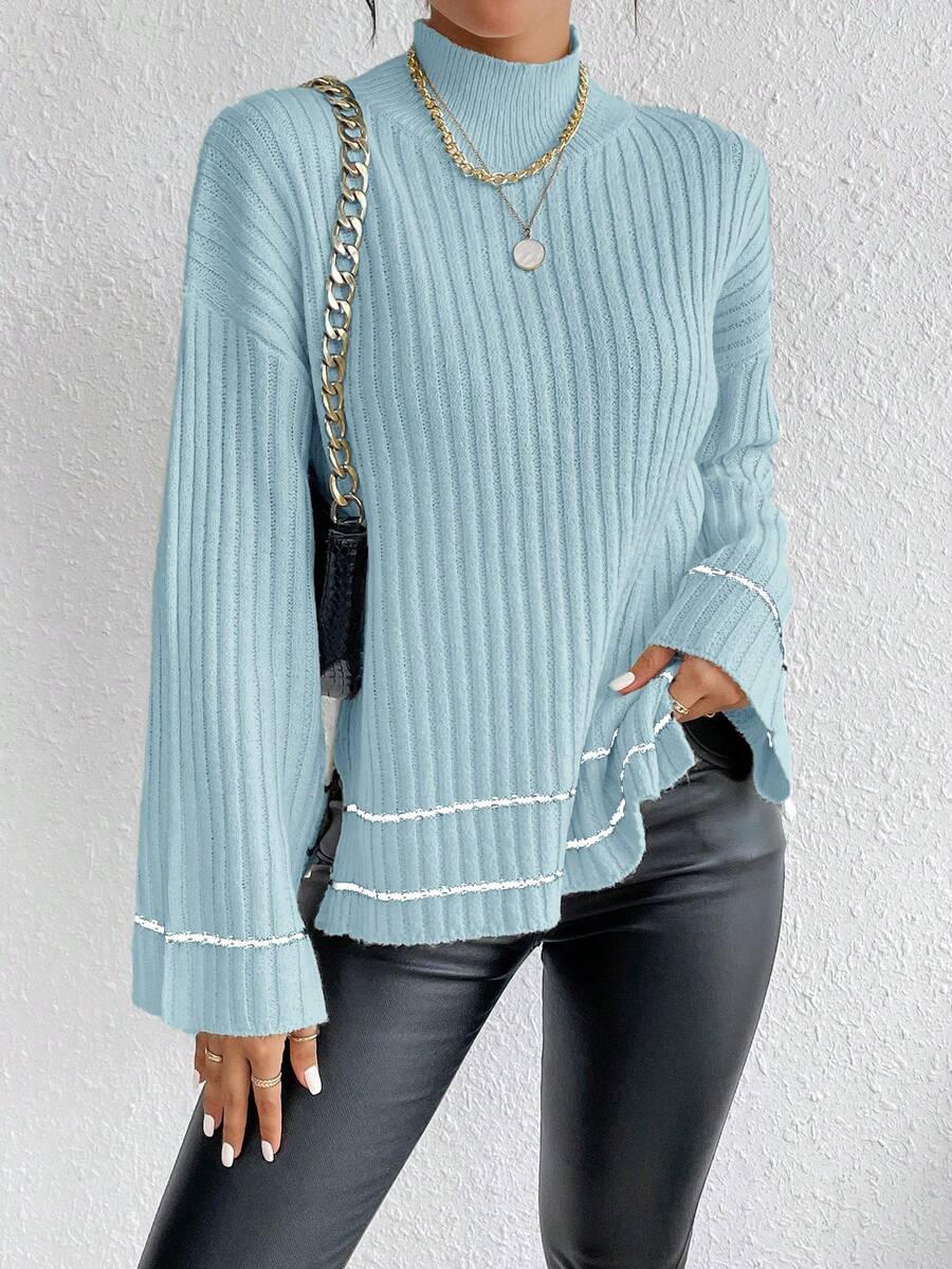 EURMUSE Áo len chui đầu dáng rộng tay dài cổ đứng vai trễ dành cho nữ - Màu xanh Bạc hà - Xem 1