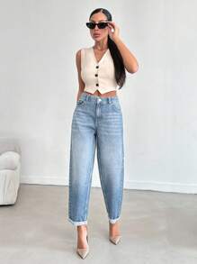 EURMUSE Jeans de novio con cintura media, bolsillos en diagonal y dobladillo plegado - Celeste - Ver 8