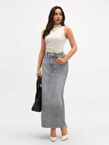 CLARA VERO 女式口袋直筒宽松休闲百搭牛仔中长裙、半身裙、裙裤 - 灰色 - 查看 4