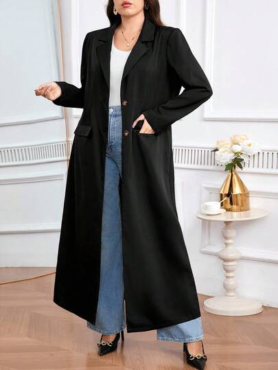 Modelyn Plusstorlek Enfärgad Slagslag Raglanärm Moderiktig Mångsidig Enkelknäppt Jacka