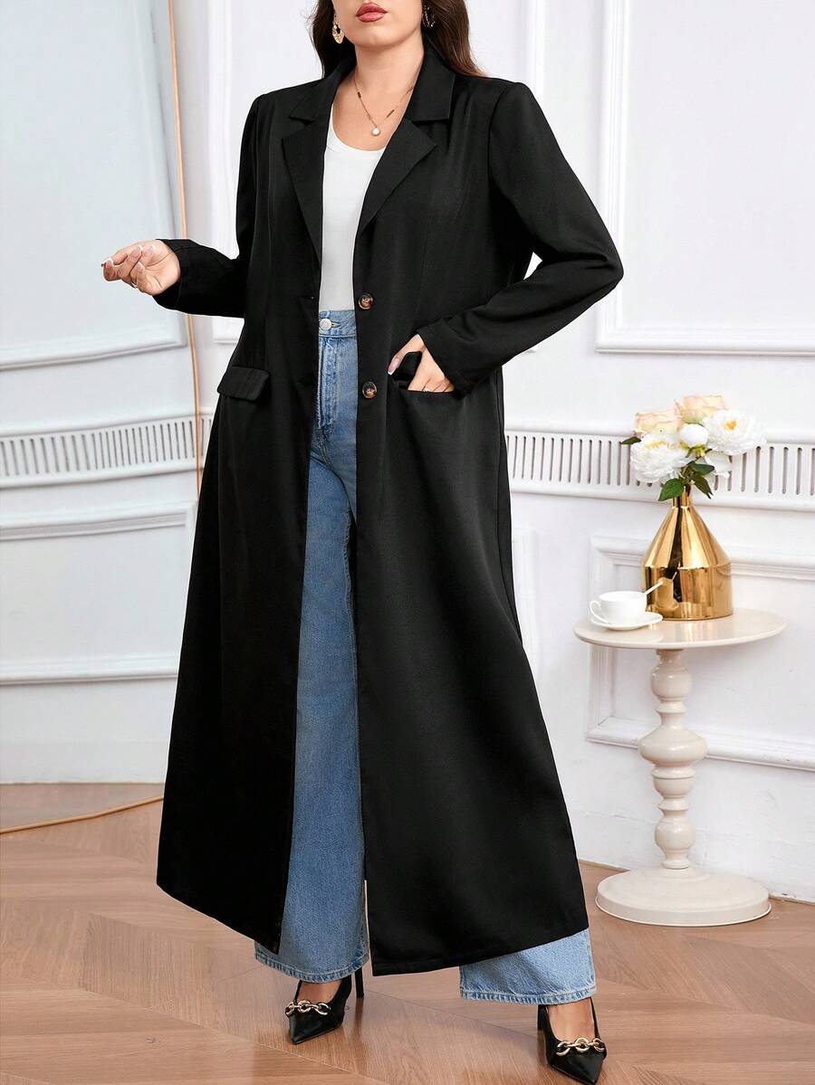Modelyn 大码纯色翻领插肩袖时尚百搭单排扣夹克 - 黑色 - 查看 1