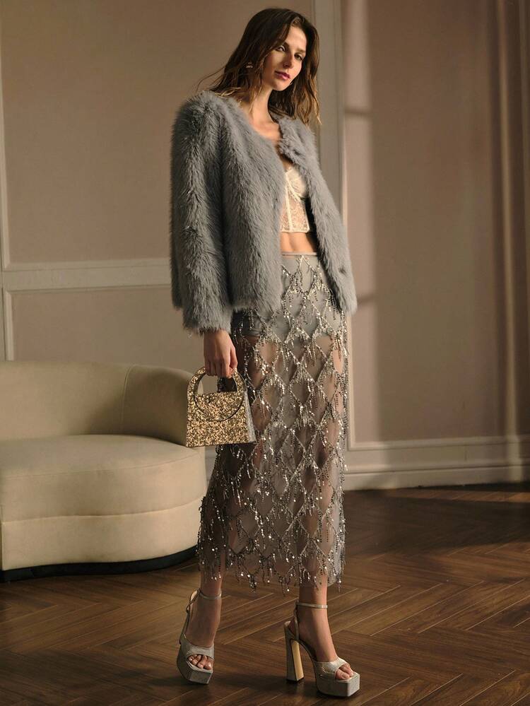 ROUND NECK FAUX FUR COAT