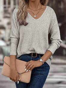 SHEIN LUNE Women's Solid Color Ribbed V-Neck Dropped Shoulder Long Sleeve Casual Loose T-Shirt Fall Cloth For Women - Apricot - View 4