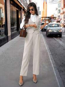 SHEIN Clasi 女装秋季新款无袖背心和西装裤两件套，适合通勤、休闲装、日常搭配 - 卡其色 - 查看 1