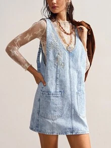 Bohemela Robe mini en jean tressé décontractée de style bohème pour femmes - Bleu azur - Voir 2