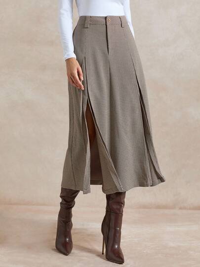 Briarwyn 女士休闲时尚格子印花开叉中长裙，复古风女装，休闲裙，女士秋季服装