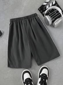 SHEIN Coolqubz 男童宽松运动字母图案侧条纹运动短裤 - 灰色 - 查看 2