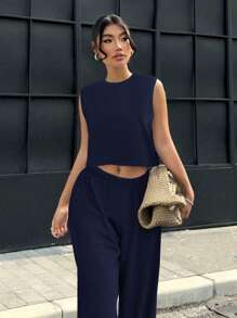 Muchica Bộ quần áo và áo thun rộng rãi cổ tròn màu xanh navy cho nữ - Màu xanh hải quân - Xem 4