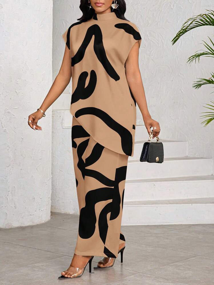 SHEIN Lady مجموعة قطعتين أنيقة للصيف بطباعة هندسية بسيطة، ملابس صيفية للنساء، ملابس للعطلات، مجموعة قطعتين للمرأة - كاكي - مشاهدة 6