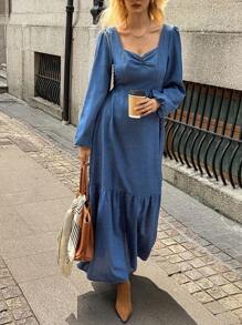 Elyressa Vestido elegante de mujer de unicolor con escote de corazón y fruncido - Azul - Ver 3