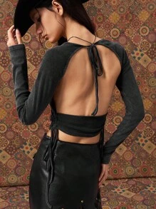 Easelle Top à manches longues avec décolleté plongeant, style sexy . Catégorie polyvalente de t-shirt/sous-vêtement, convient à ceux qui recherchent le style personnalisé, la sensualité et la mode. Peut être porté au quotidien ou pour créer un look sexy. - Gris foncé - Voir 4