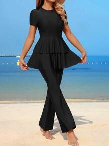 Swim Mulvari 全新夏季女式圆领短袖收腰双下摆连衣裙 + 直筒裤黑色休闲度假两件套 - 黑色 - 查看 5