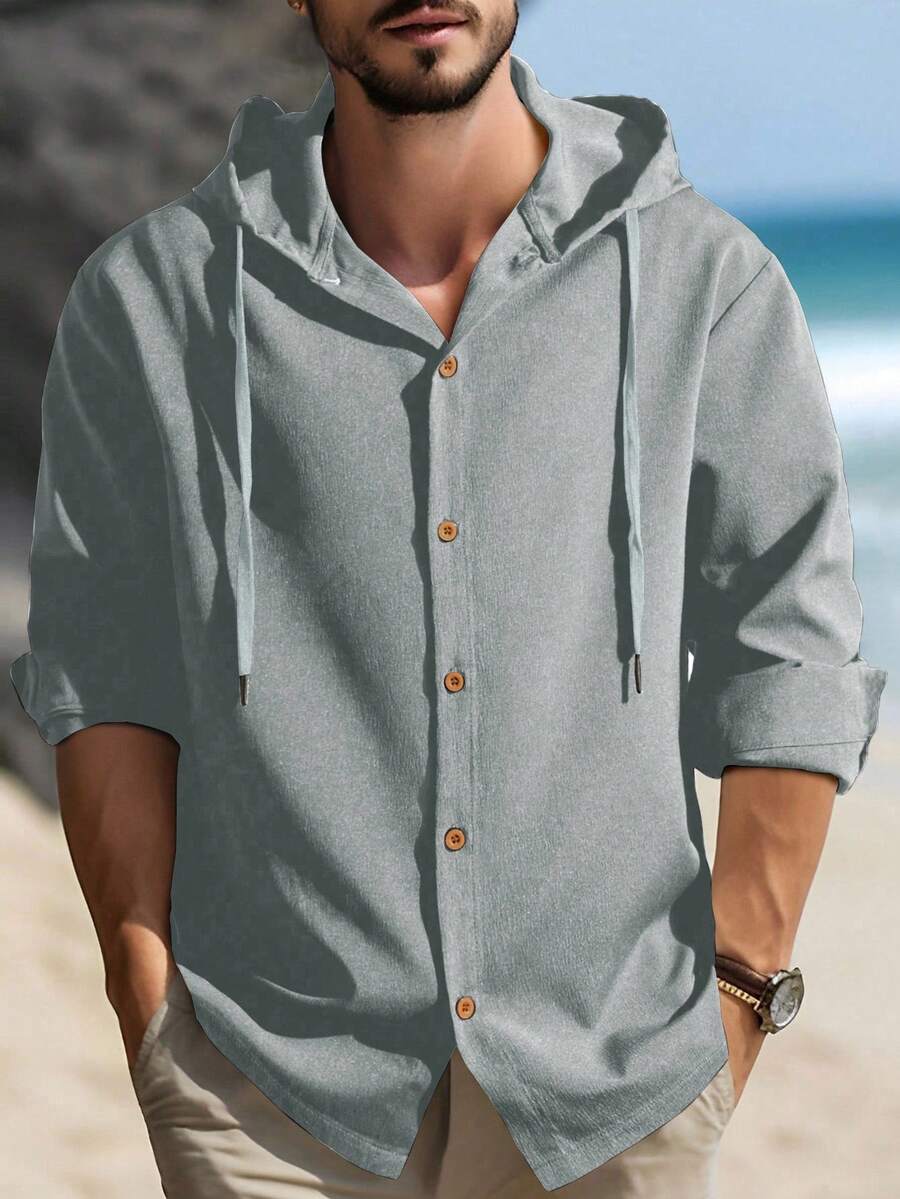 Manfinity Homme 男士休闲纯色单排扣抽绳连帽衫,春秋通用,连帽衬衫,纽扣连帽衫,男士衬衫海滩,秋季 - 淺灰色 - 查看 1