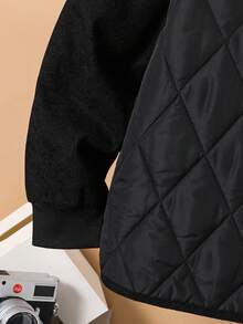 SHEIN Jaqueta/Casaco Acolchoado Grosso com Colarinho Virado, Bolsos Decorados, Casual Versátil e Confortável para Meninos Pré-Adolescentes - Preto - Visão 6