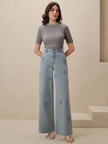 Anewsta Quần jean denim xanh nhạt đính đá sang trọng dành cho nữ - Rửa nhẹ - Xem 3