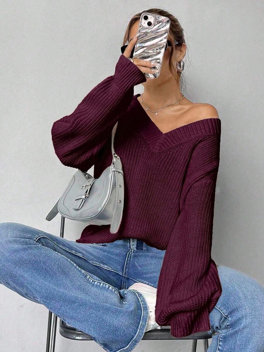 EURMUSE Maglione casual oversize da donna a maniche lunghe con scollo a V e spalle cadenti, in tinta unita - Bordò - Visualizzare 1