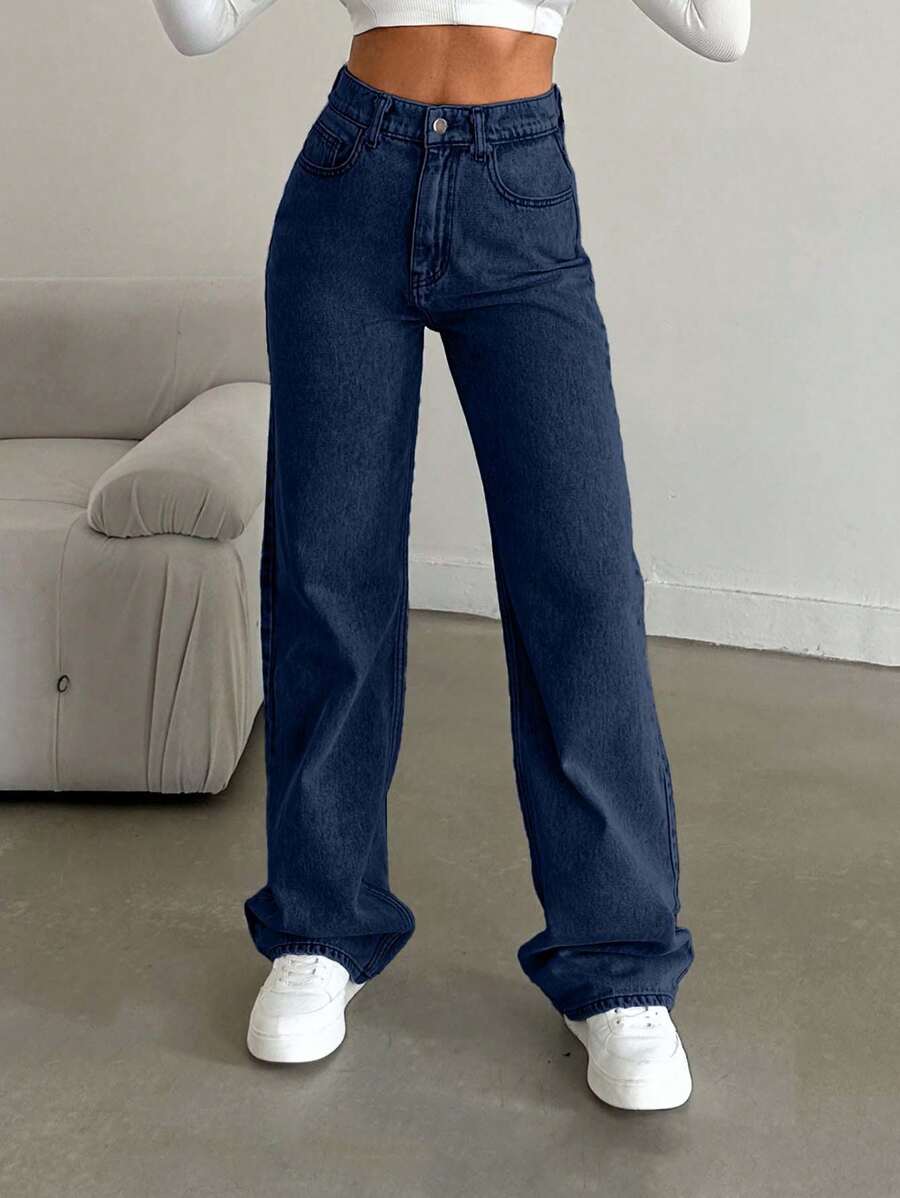 SHEIN Cottnline Snow Wash Straight Leg Jeans High Rise ,Petite Women - Navy Blue - View 1