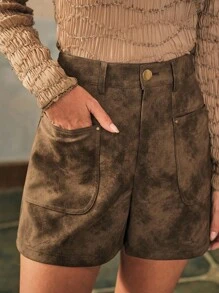Anewsta Damen neue elegante Leder Weite Bein Shorts - Khaki - Übersicht 6