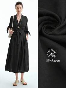 Aalyst 女士春夏单竹结亚麻连衣裙，优雅 V 领纽扣领，宽松版型，蝴蝶结腰带，褶皱肩部，长裙，适合度假和办公室通勤 - 黑色 - 查看 1