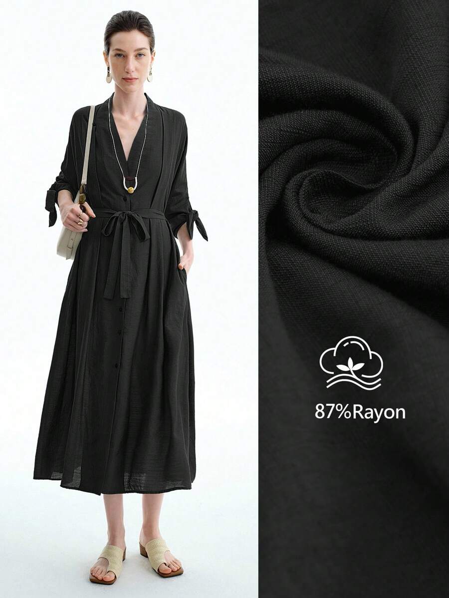 Aalyst 女士春夏单竹结亚麻连衣裙，优雅 V 领纽扣领，宽松版型，蝴蝶结腰带，褶皱肩部，长裙，适合度假和办公室通勤 - 黑色 - 查看 1