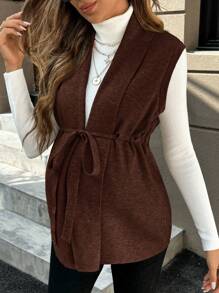 SHEIN Áo vest dệt kim lưng rút màu trơn thường ngày cho bà bầu, Thu/Đông - Cà phê nâu - Xem 1