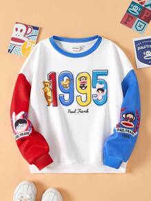 Paul Frank X SHEIN Moletom feminino casual estilo universitário, estampa de desenho animado engraçado, bloco de cores, ombro caído, solto, primavera/outono - Multicolorido - Ver 1