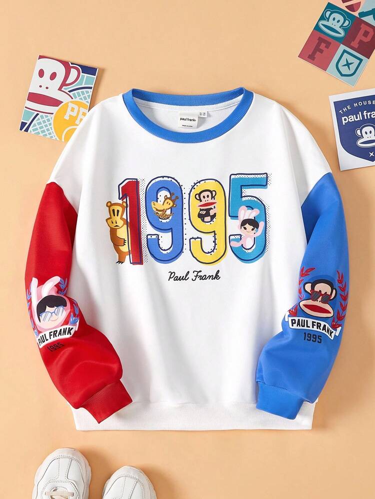 Paul Frank X SHEIN 青少年女孩休闲学院风趣味卡通数字印花拼色落肩宽松套头衫，春秋季 - 彩色 - 查看 1