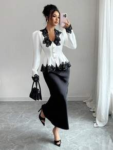 Elenzga 女士优雅时尚通勤休闲迷人复古浪漫假日长袖腰部聚拢A字下摆前开蕾丝花边纯色衬衫（蕾丝花边随机） - 白色 - 查看 3
